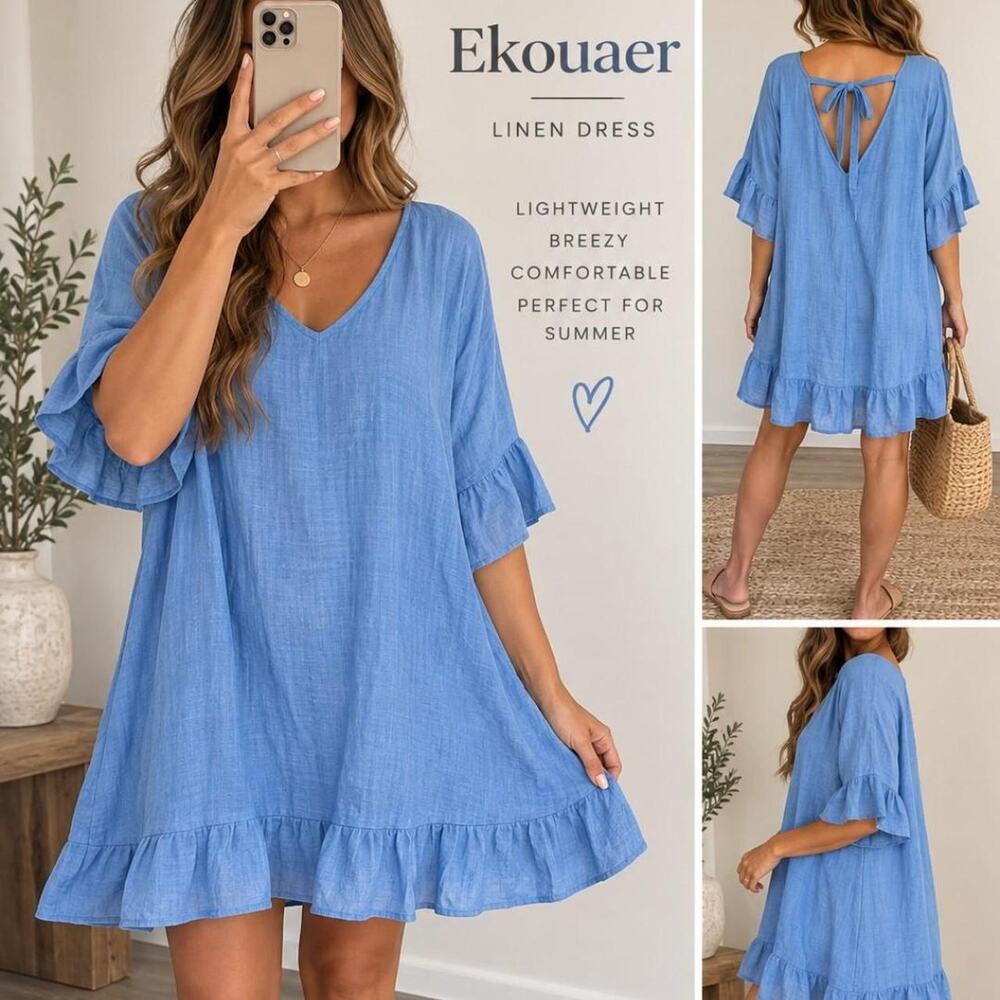 Blue linen dress with ruffle